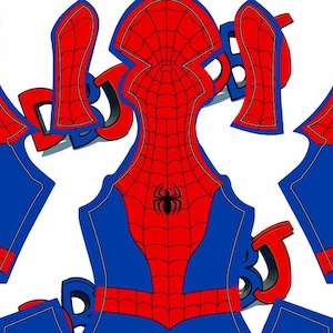 May include: A collection of red, blue, and black cutouts featuring the Spider-Man costume design. The costume includes a red spiderweb pattern on the chest and mask, with a black spider emblem. The letters "DBJ" are also present.
