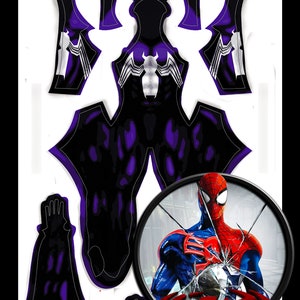 May include: A black and purple Spider-Man costume pattern with a white spider symbol on the chest. The pattern is for a full-body costume, including the head, arms, legs, and torso. The pattern is printed on a white background. The image also includes a circular image of Spider-Man in a red and blue suit with a cracked glass effect. The text "Spider-Man Shattered Dimensions" is printed below the image.