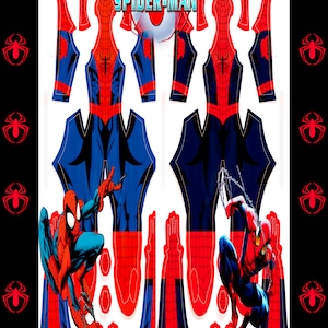 Puede incluir: Un patrón imprimible para un disfraz de Spiderman rojo y azul. El patrón incluye piezas para el torso, las piernas, los brazos y la máscara. El patrón también incluye una pequeña imagen de Spiderman en acción.