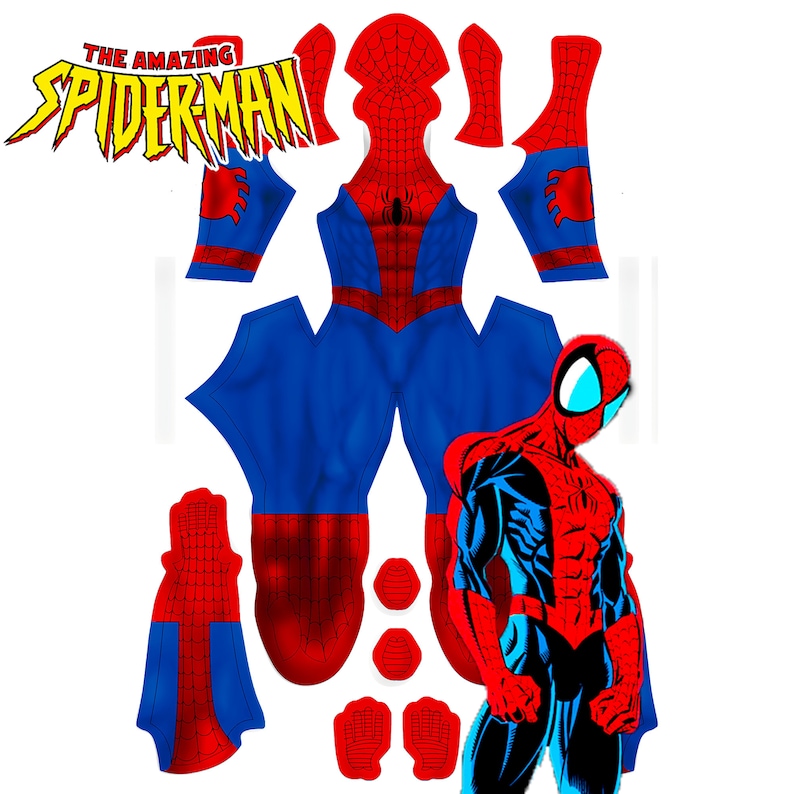 Pode incluir: Um padr&atilde;o de fantasia de Homem-Aranha vermelho e azul com o texto "The Amazing Spiderman" em amarelo. O padr&atilde;o inclui pe&ccedil;as separadas para a cabe&ccedil;a, o torso, os bra&ccedil;os e as pernas. Uma ilustra&ccedil;&atilde;o de corpo inteiro do Homem-Aranha &eacute; mostrada no lado direito da imagem.