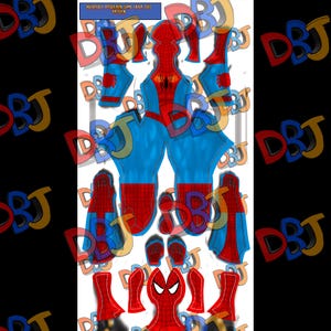Könnte beinhalten: Ein digitales Schnittmuster für einen Spider-Man-Spielanzug mit roten und blauen Stoffbahnen, einem schwarzen Spinnenemblem auf der Brust und einem Webmuster. Das Layout enthält separate Teile für den Oberkörper, die Arme, die Beine und die Maske.