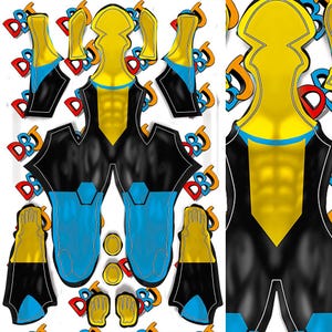 Könnte beinhalten: Ein Kostümdesign mit einem gelb-schwarzen Body mit blauen Akzenten. Das Design umfasst separate Teile für Arme, Beine und Kopf mit einem detaillierten Brust- und Bauchbereich. Das Kostüm ist wahrscheinlich für Cosplay oder ein Superhelden-Thema.