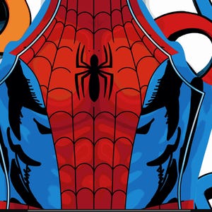May include: A vibrant illustration of a Spider-Man costume, featuring a red webbed torso with a black spider emblem, blue shoulders, and a white background. The design is framed by large, stylized letters in blue and orange.