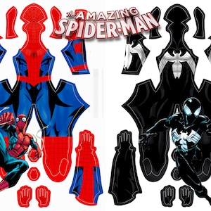 Puede incluir: Un patrón imprimible para un disfraz de Spiderman. El patrón incluye el cuerpo, los brazos, las piernas y las manos. El patrón es de color rojo, azul y negro. El texto "The Amazing Spider-Man" está en la esquina superior derecha de la imagen.