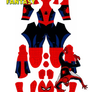 May include: A red and blue Spiderman costume pattern with the words "AMAZING FANTASY" at the top. The pattern includes the head, torso, arms, legs, and hands.
