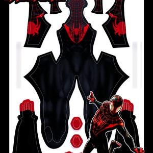Könnte beinhalten: Ein druckbares Schnittmuster für ein schwarzes und rotes Spiderman-Kostüm. Das Schnittmuster enthält Teile für Kopf, Rumpf, Arme, Beine und Hände. Das Schnittmuster ist so konzipiert, dass man sein eigenes Kostüm nähen kann.