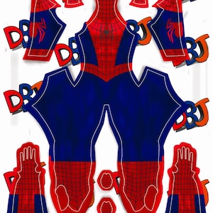 May include: A disassembled Spider-Man costume laid out on a white background. The costume is primarily red and blue, with a spider emblem on the chest and spider web detailing. The image includes cut-out pieces of the costume, including the mask, gloves, and body suit.