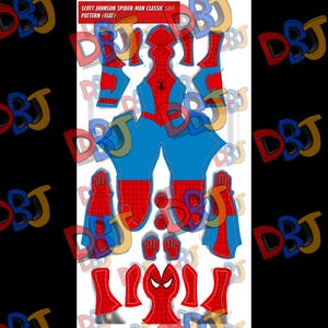 Könnte beinhalten: Ein flaches digitales Schnittmuster für einen klassischen Spider-Man-Anzug mit roten und blauen Abschnitten und einem schwarzen Spinnennetz-Design. Das Layout enthält separate Teile für Torso, Arme, Beine, Handschuhe und Maske. Der Text oben lautet: SCOTT JOHNSON SPIDER-MAN CLASSIC SUIT PATTERN (FLAT).