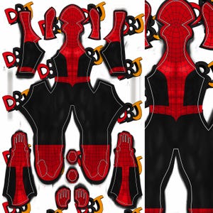 May include: A Spider-Man costume pattern in red and black. The design includes the front and back of the suit, with separate pieces for the arms, legs, and gloves. The red areas have a web-like texture. The pattern is for a full body suit.