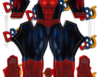 Può includere: Un costume di Spider-Man smontato, con sezioni rosse e nere. Il costume comprende il busto, le gambe, le braccia, i guanti e gli elementi della maschera. Il design incorpora un motivo a ragnatela e un'emblema di ragno. Le lettere "D" e "BJ" sono sullo sfondo.
