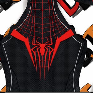 May include: Black and red Spider-Man suit design with a spider emblem on the chest. The suit features a web pattern and red accents. The word "D" and "S" are in red and orange.