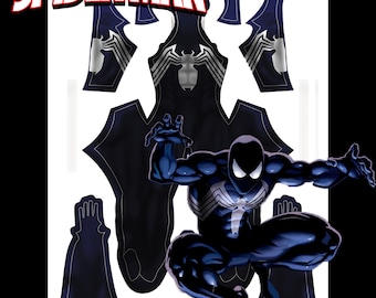 May include: Black and blue Spiderman costume pattern with a black and white spider symbol on the chest. The pattern includes pieces for the torso, legs, arms, and hands.