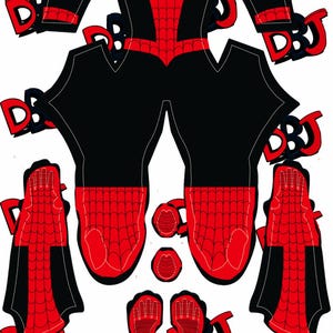 May include: A printable papercraft pattern for a red and black Spider-Man costume. The pattern includes pieces for the head, torso, legs, arms, and hands.