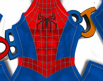 May include: A blue and red Spider-Man costume design with a black spider emblem on the chest. The design includes the letters "DBJ" in red and orange. The costume features a web pattern.