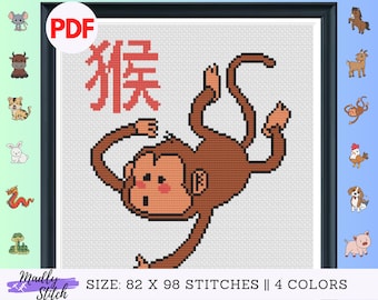 Monkey - 12 Chinese Zodiac Cross Stitch Pattern PDF instant download | easy for beginner
