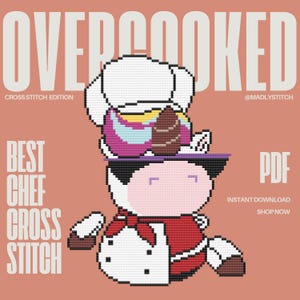 Overcooked Unicorn Chef Character Cross Stitch PDF pattern, easy to read, instant download