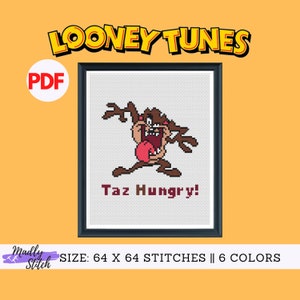 Könnte beinhalten: Ein Kreuzstichmuster mit Taz aus Looney Tunes. Das Muster ist 64 Stiche breit und 64 Stiche hoch und verwendet 6 Farben. Das Muster zeigt Taz mit offenem Mund und herausgestreckter Zunge, darunter der Text "Taz Hungry!"