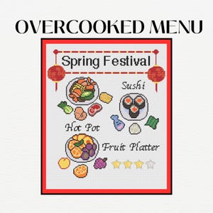 Menu na Festiwal Wiosenny Overcooked Wzór haftowany krzyżykiem | Wzór zabawny | Bez ściegu wstecznego | Wzór łatwy do naśladowania