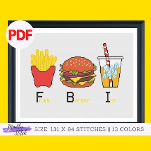 Frytki Burger Lód Napój Nowoczesny Wzór Haftu Krzyżykowego PDF natychmiastowe pobranie | łatwy dla początkujących
