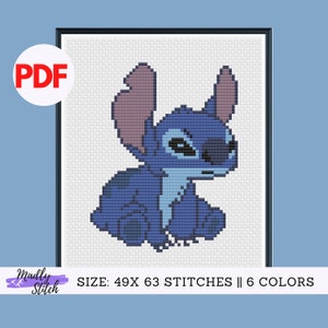 May include: Cross stitch pattern featuring Stitch from Lilo & Stitch. The pattern is 49 stitches wide by 63 stitches tall and uses 6 colors. The pattern shows Stitch sitting with a grumpy expression.