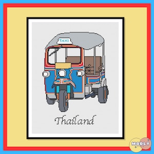 Könnte beinhalten: Kreuzstichmuster eines blau, rot und weiß gehaltenen Tuk-Tuk-Taxis mit dem Wort „TAXI“ oben. Das Wort „Thailand“ steht darunter. Das Bild ist mit einem schwarzen, gelben und roten Rand versehen.