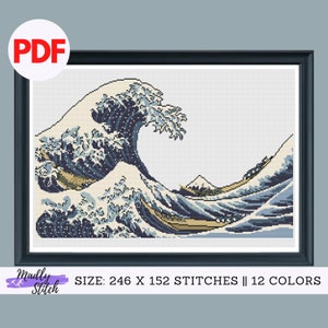 May include: Cross-stitch pattern of Hokusai's "The Great Wave off Kanagawa" in a black frame. The design features a large wave in shades of blue and white, with a mountain in the background. The text "PDF" is in the upper left corner.
