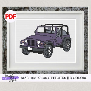 Può includere: Modello di punto croce di Jeep viola con 8 colori e 162 x 106 punti.