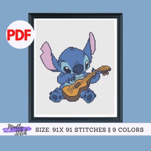 Lilo and Stitch with Guitar Cross Stitch Pattern PDF instant download | easy for beginner