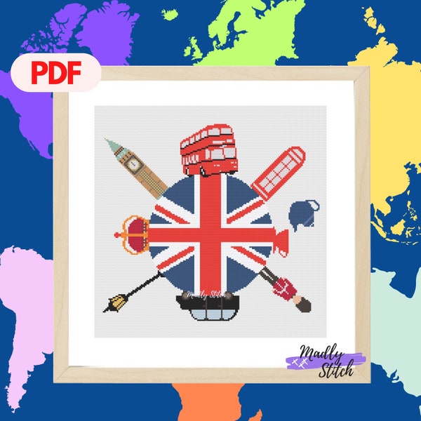 Rund um die Welt England UK Kreuzstichmuster PDF sofortiger Download | leicht für Anfänger