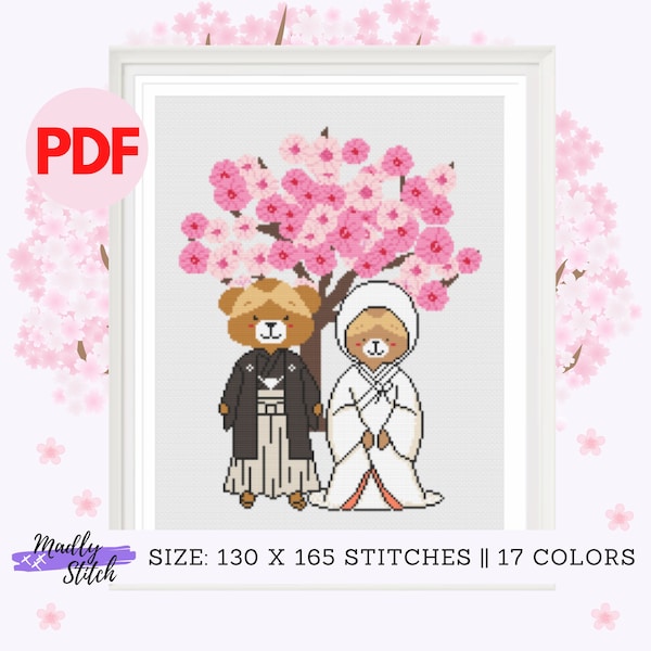 Japanese Wedding Bear Sakura Theme Cross Stitch Pattern PDF instant download | easy for beginner