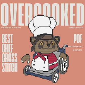 Wzór do haftu krzyżykowego Overcooked Raccoon Wheelchair Chef - seria Overcooked | natychmiastowe pobranie | łatwy do naśladowania wzór