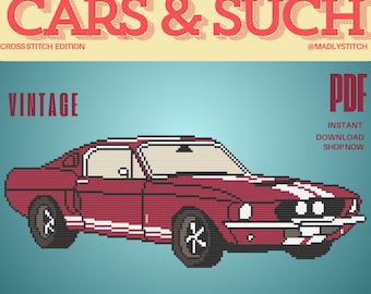May include: A red vintage car cross stitch pattern, with the words "CARS & SUCH" and "VINTAGE" in a retro font. The pattern is available as a PDF download.