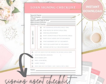 SIGNING AGENT CHECKLIST | Printable Digital Download Letter Size One-Page Notary Loan Signing Agent Appointment Checklist Mobile Notary