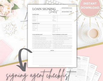 SIGNING AGENT CHECKLIST | Printable Digital Download Letter Size One-Page Notary Loan Signing Agent Appointment Checklist Mobile Notary