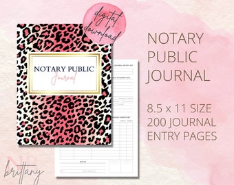 NOTARY PUBLIC JOURNAL | Printable Digital Download Letter Size Secure One Page Per Appointment State Compliant Pink Leopard Cover
