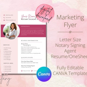 NOTARY MARKETING FLYER | Letter Size Editable Canva Template for Notary Signing Agent, Notary Public, Mobile Notary | Resume | OneSheet