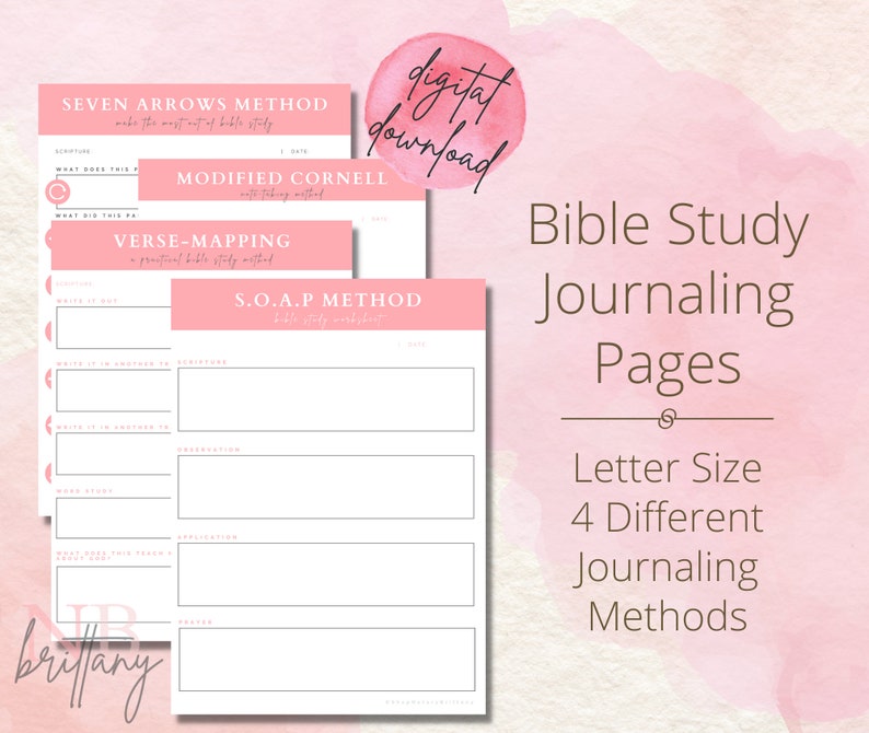 BIBLE STUDY & JOURNALING Printable Digital Download Letter Size Bible Journaling Method Worksheets Four Different Study Methods image 1