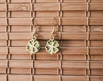 Gold and Green Four Leaf Clover Earrings