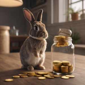 May include: A brown rabbit stands on a wooden surface next to a glass jar filled with gold coins. The jar has a lid with a gold band.