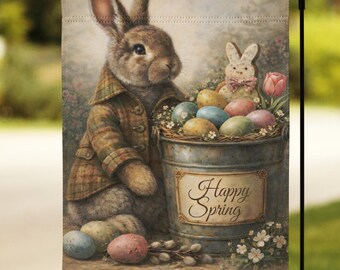 Happy Spring Bunny-tuinvlag, vintage paasvlag buiten, Cottagecore Rabbit Yard Decor, boerderij lente veranda decoratie
