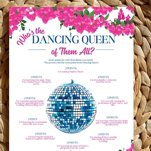 Who&#39;s The Dancing Queen? Fun Musical Party Game for Family and Friends inspired by Mamma Mia - Printable - Digital Files - Two Versions