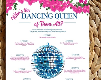 ¿Quién es la Reina del Baile? Divertido juego musical para fiestas familiares y amigos, inspirado en Mamma Mia - Imprimible - Archivos digitales - Dos versiones