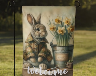 Primitieve lentehaas tuinvlag, vintage noodlijdende boerderijdecor, rustieke paaswelkomstvlag buiten