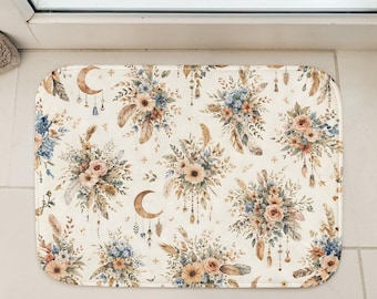 Alfombra de baño Boho Floral Moon, alfombra de baño neutra, alfombra de baño Boho de flores silvestres, decoración estética para el baño, alfombra de baño de espuma viscoelástica suave