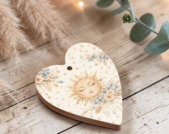 Boho houten zonornament, hemels hart kerstornament, bloemen zon gezicht decoratie, cadeau voor zonliefhebbers