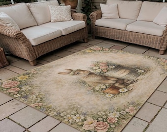Alfombra vintage de conejito para exteriores, alfombra floral para jardín estilo casa de campo, alfombra para porche estilo granja, decoración de conejito de primavera, alfombra para patio, felpudo de bienvenida de conejito de Pascua