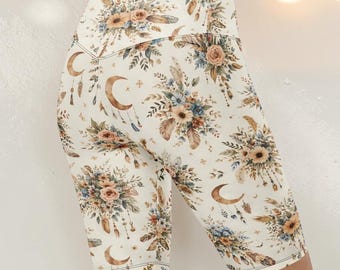 Boho Moon Biker Shorts, High Waisted Floral Workout Shorts, Cottagecore Activewear, Butt Lifting Gym Shorts, Matching Set Bottoms
