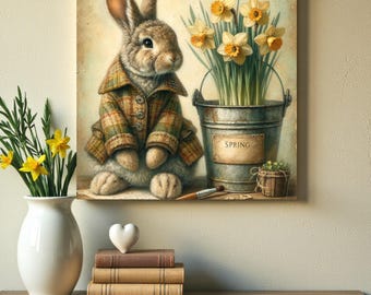 Etiqueta colgante de conejo de Pascua de primavera imprimible digitalmente con efecto de decoupage desgastado, adorno de lienzo de 8 x 8 pulgadas, descarga instantánea, estilo granja primitivo.