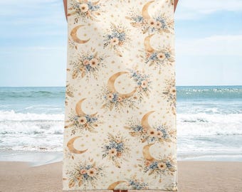 Toalla Boho Floral Lunar, Decoración de Baño Neutra, Toalla de Mano Estética, Decoración Celestial para Baño, Baño Boho