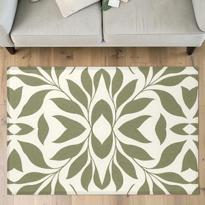 Modern Botanical Area Rug, Neutral Green Leaf Rug, Boho Minimalist Home Decor Rug